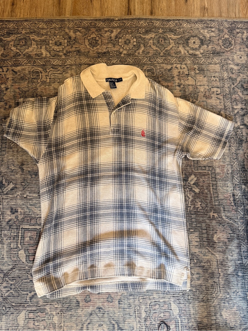 Vintage Nautica Beige and Blue Plaid Short-Sleeve Polo